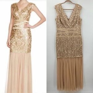Tadashi Shoji Gold Embellished Tulle Evening Gown Dress Wedding Guest Formal 16